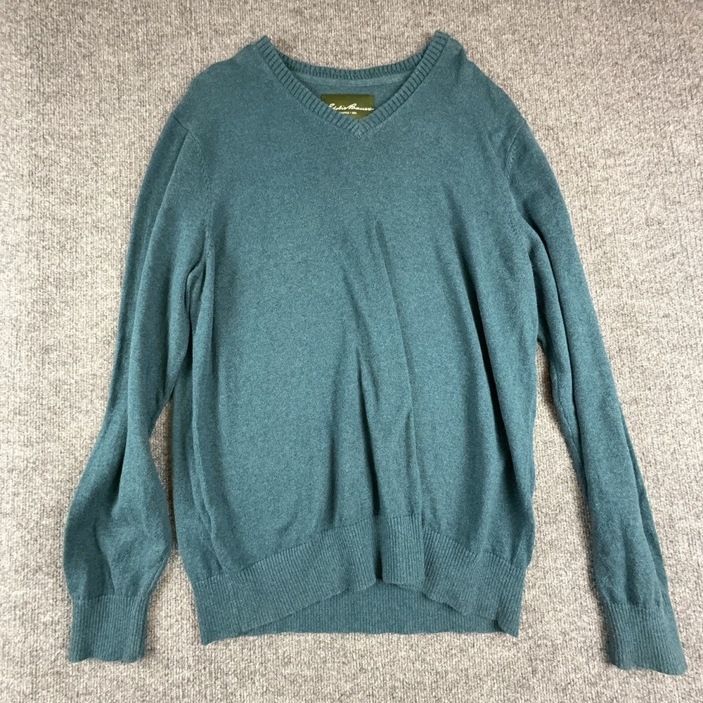 Eddie Bauer Sweater Mens XLT Green V Neck Cotton Cashmere Knit Pullover